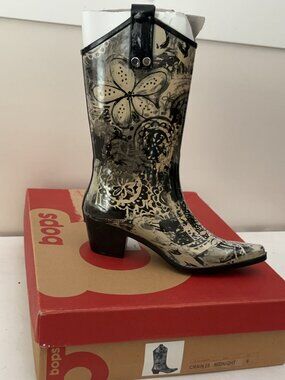 Rain Bops Black White Floral Rubber Rain Boots Womens 6 Western Cowgirl Festival